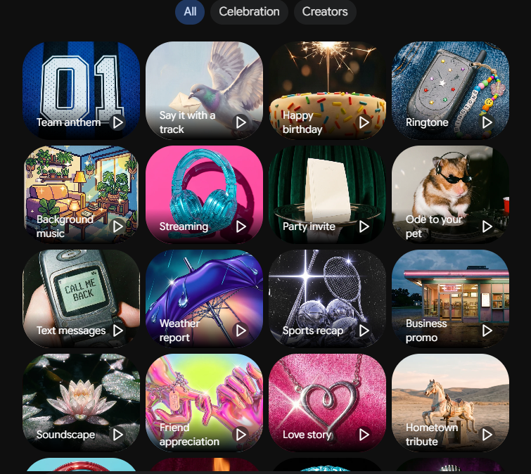 Grid of music creation templates in Gemini including Team anthem, Happy birthday, and Soundscape.