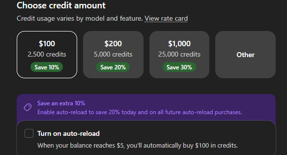 ChatGPT user interface showing options to purchase credit bundles and turn on auto-reload.
