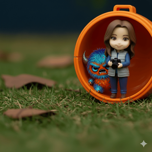  A photograph of two figurines standing in a patch of green grass with fallen brown leaves. On the right, a girl figure with brown hair and a green vest holds a black camera. Next to her, a small, furry blue and orange monster figure with a grumpy expression stands in a glitter-filled, orange half-sphere. The background is a blurry mix of dark green and brown.