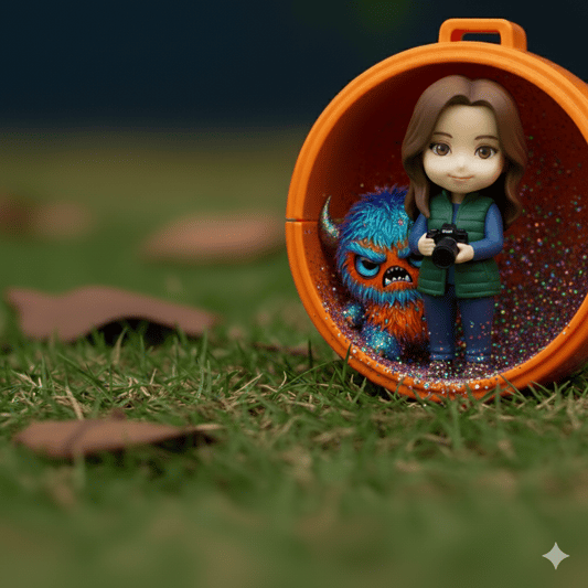 A photograph of two figurines standing in a patch of green grass with fallen brown leaves. On the right, a girl figure with brown hair and a green vest holds a black camera. Next to her, a small, furry blue and orange monster figure with a grumpy expression stands in a glitter-filled, orange half-sphere. The background is a blurry mix of dark green and brown.