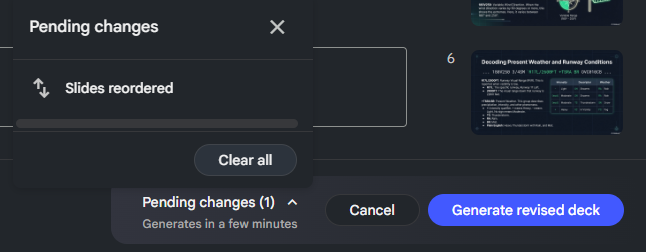 Pending changes notification indicating that slides have been reordered.