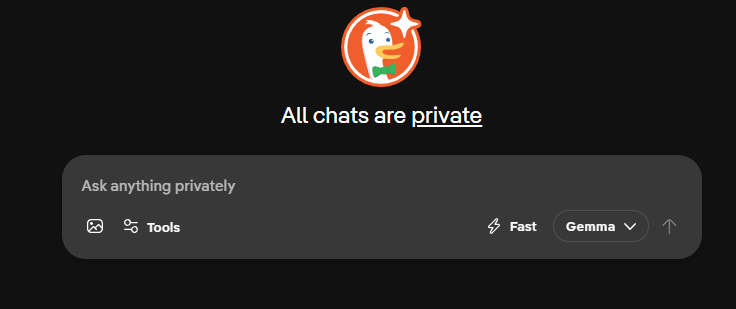 Interface for DuckDuckGo private AI chat showing a prompt bar and model selection for Gemma.