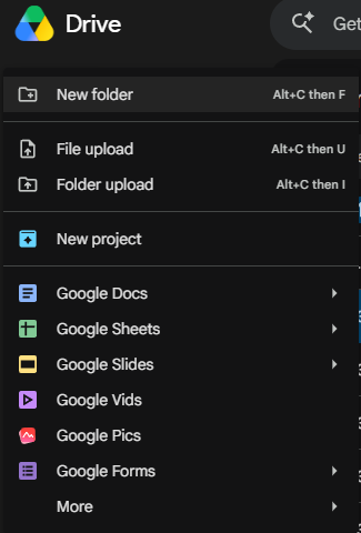 Screenshot of the Google Drive "New" menu highlighting the Google Pics option.