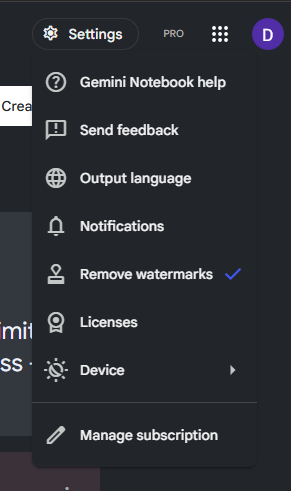 The Gemini Notebook settings menu showing the Remove watermarks option with a blue checkmark next to it.