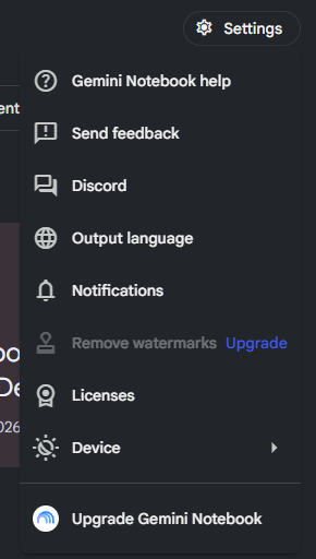 The Gemini Notebook settings menu where the Remove watermarks option is disabled with an Upgrade link.
