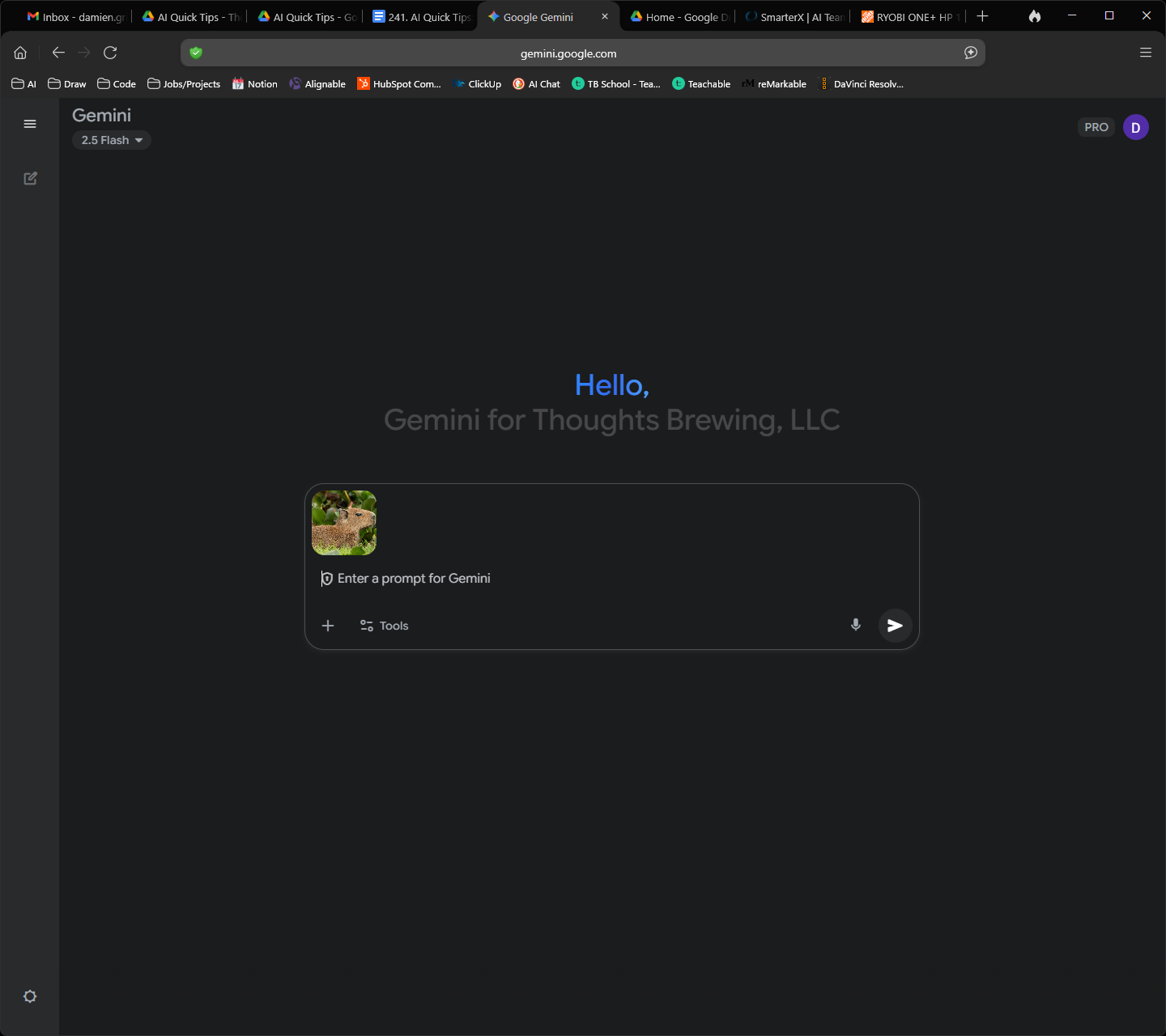 A screenshot of the Google Gemini interface, showing a dark-themed chat window. The main section displays a greeting, "Hello, Gemini for Thoughts Brewing, LLC," and a text input field labeled "Enter a prompt for Gemini." A thumbnail of a baby capybara is in the input field. This image shows the initial state of the chat with an uploaded image.