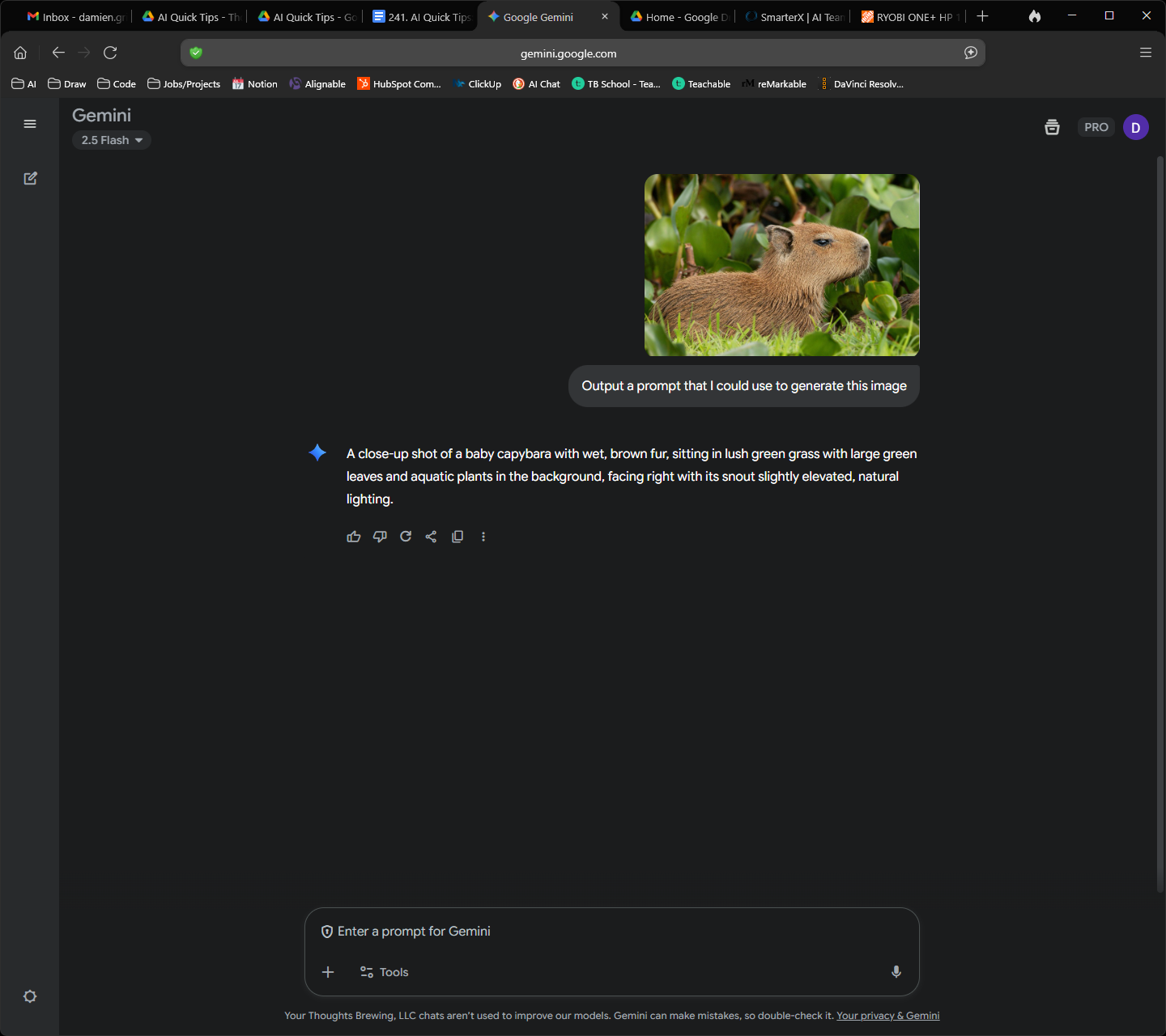 A screenshot of the ChatGPT interface. It shows a conversation where a user has prompted the AI to create an image of a baby capybara. The prompt, "Create an image of -A close-up shot of a baby capybara with wet, brown fur, sitting in lush green grass with large green leaves and aquatic plants in the background, facing right with its snout slightly elevated, natural lighting," is displayed. Below it, the AI has generated a photorealistic image of a baby capybara matching the description.