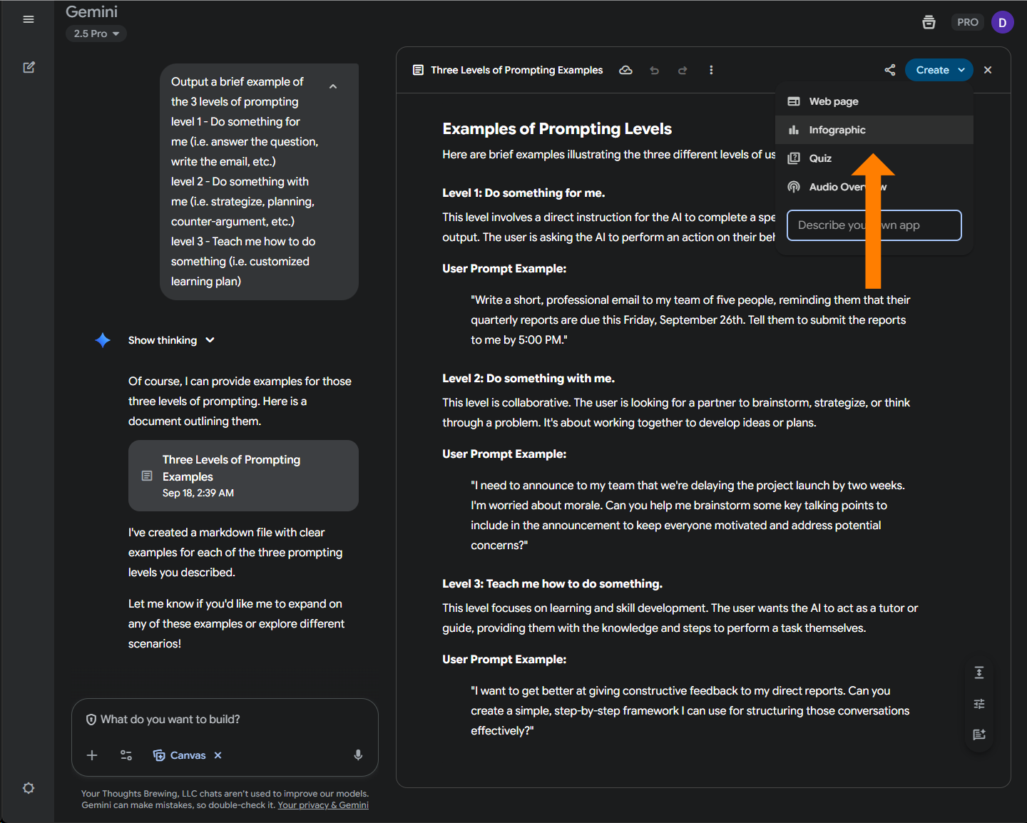 A screenshot of the Google Gemini interface. An orange arrow points to a dropdown menu under the "Create" button, showing options like "Web page," "Infographic," "Quiz," "Audio Overlay," and "Describe your own app." This highlights the "Infographic" option, indicating how to transform content into a visual format.