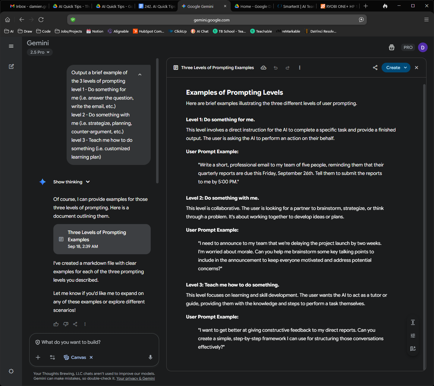 A screenshot of the Google Gemini interface. On the left, a user asks for examples of prompting levels, and Gemini provides a markdown file outlining "Three Levels of Prompting Examples." The right panel displays the full document, detailing Level 1 (Do something for me), Level 2 (Do something with me), and Level 3 (Teach me how to do something), each with user prompt examples.