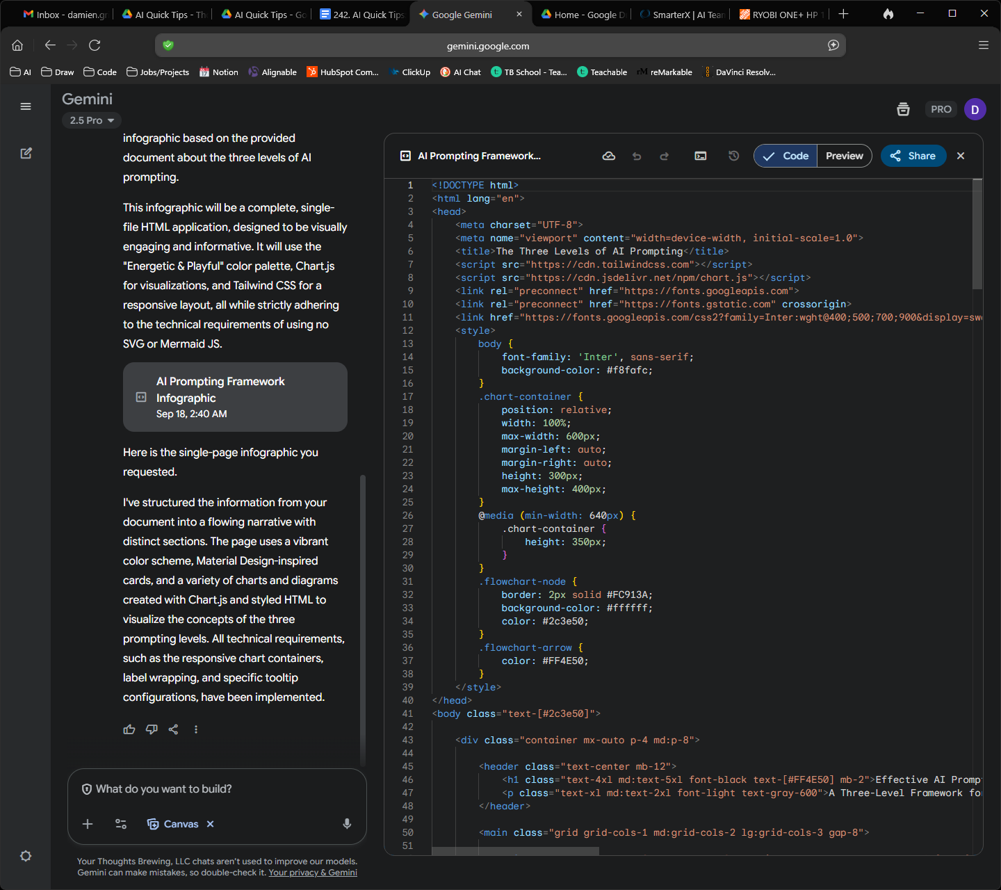 A screenshot of the Google Gemini interface displaying the HTML and CSS code for the "AI Prompting Framework" infographic. The code pane is active, showing the structure and styling of the infographic. This image demonstrates Gemini's ability to generate functional code for visual content.