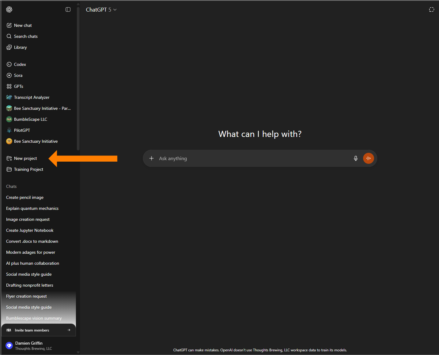 A screenshot of the ChatGPT interface. A large orange arrow points to a New project button in the left sidebar, which is used to create a new dedicated workspace.