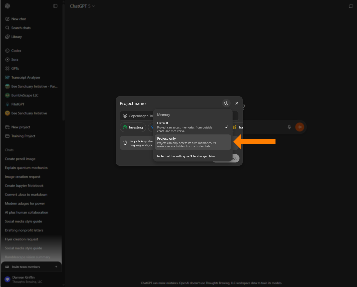 A screenshot of the ChatGPT interface with the project settings pop-up window open. A large orange arrow points to the Project-only memory setting, which keeps project memories hidden from other chats.