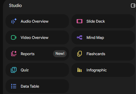 Studio panel interface with options including Audio Overview, Slide Deck, Video Overview, Mind Map, and Reports.