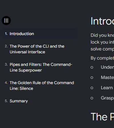 Interactive report navigation menu showing numbered table of contents sections alongside introduction text.
