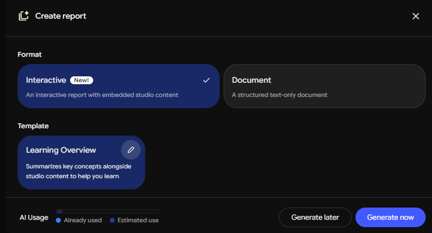 Create report setup screen displaying the Interactive format selected along with the Learning Overview template option.