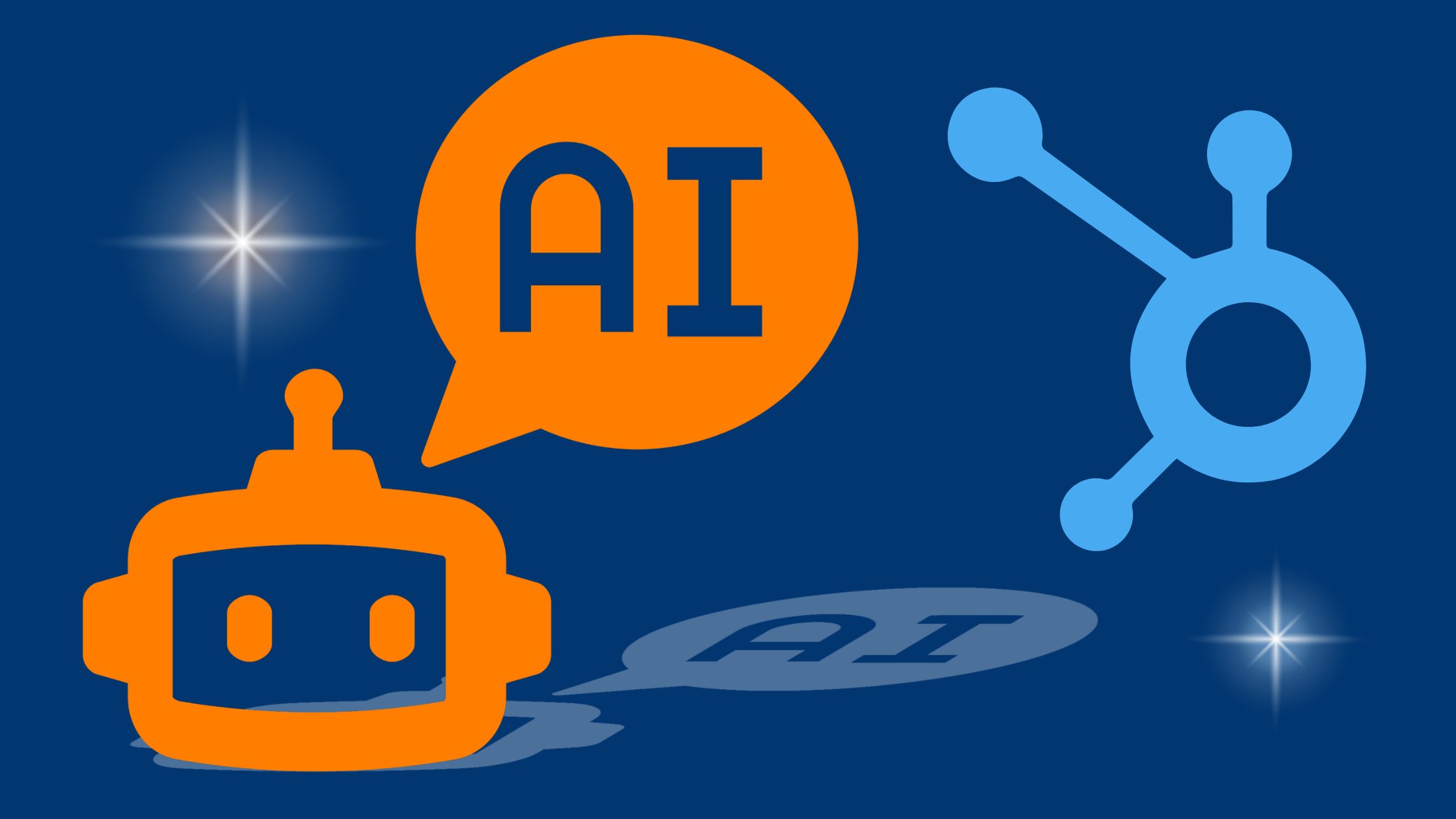 A dark blue graphic featuring an orange robot icon with a speech bubble containing the letters