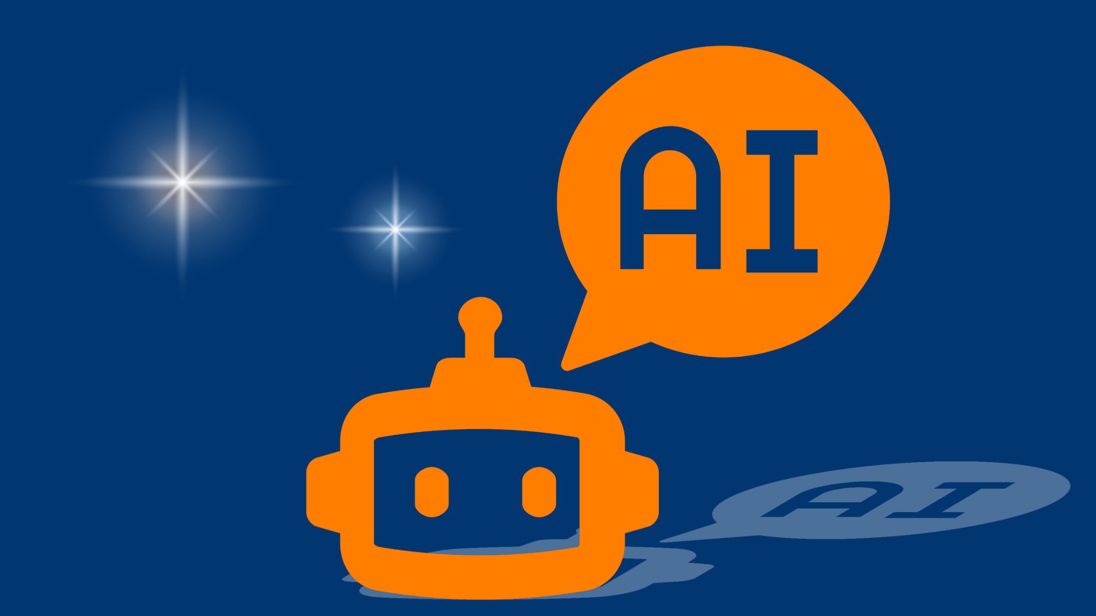 A stylized graphic on a blue background. An orange robot icon is positioned on the left. To its right, an orange speech bubble contains the letters 
