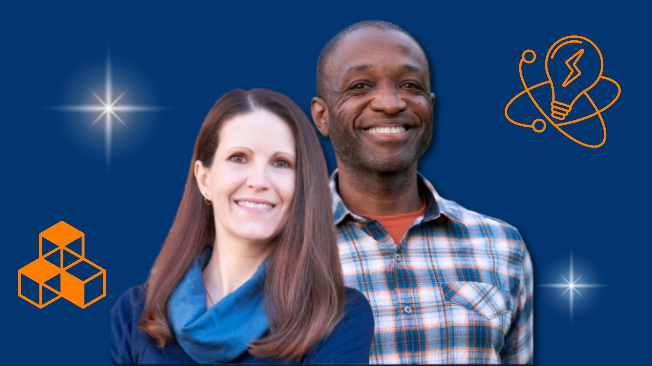 An image of a smiling man and woman standing against a dark blue background. The background is decorated with two orange icons: a collection of cubes on the left and a stylized light bulb and atom on the right. This image represents people and their connection to abstract concepts like building, ideas, and science.